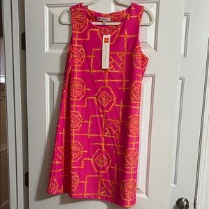 NWT Jude Connally Beth Bamboo Lattice Spring Pink and Orange Sleeveless Dress L